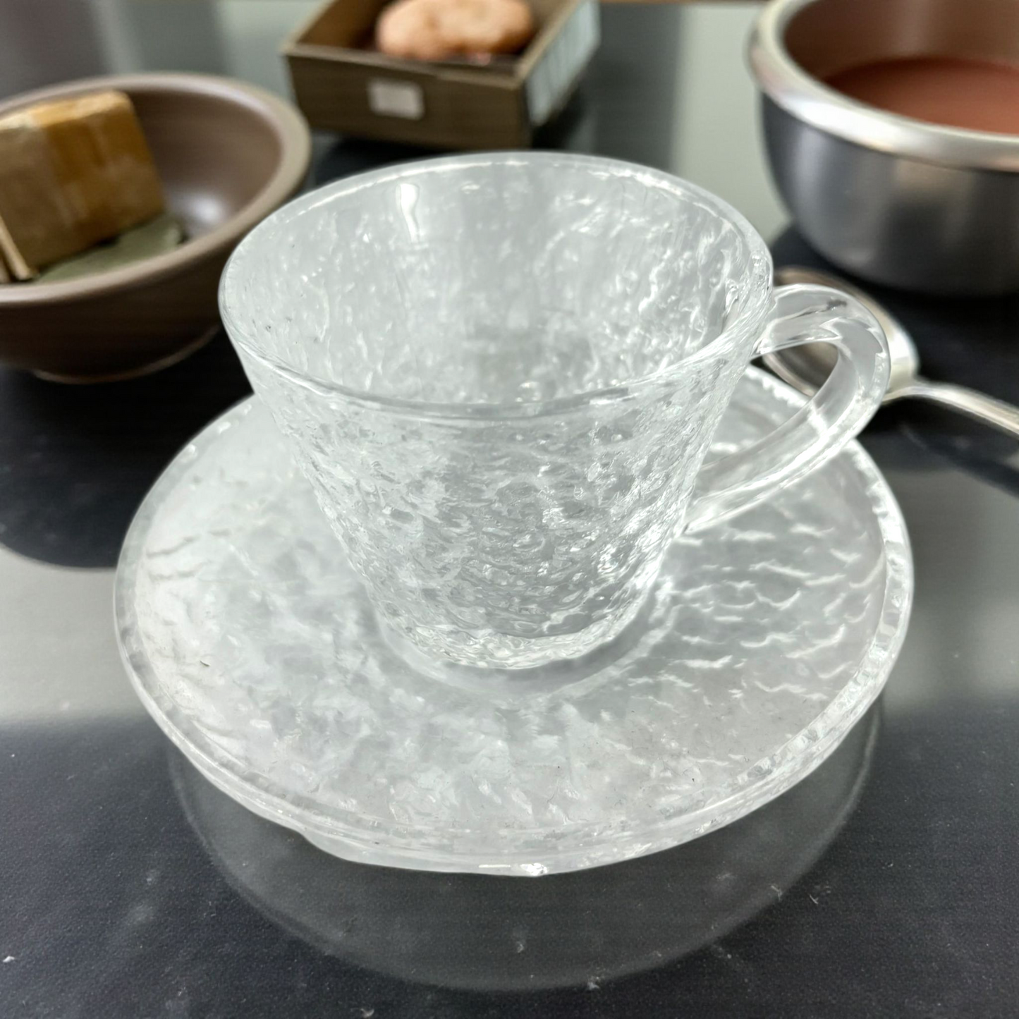 Frosted Clear Glass Cup with Saucer – Textured Crystal Coffee & Tea Set6 pcs