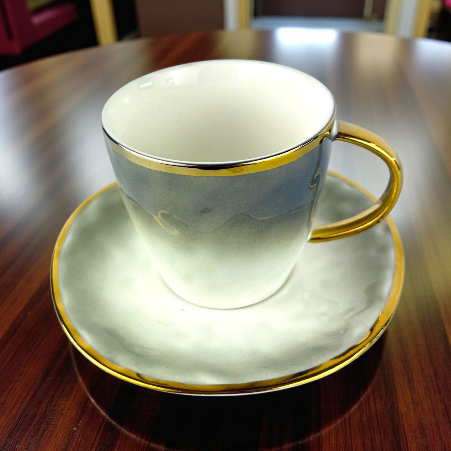 Elegant Grey Porcelain Cup with Saucer – Gold Rim & Handle Coffee Set 12pcs