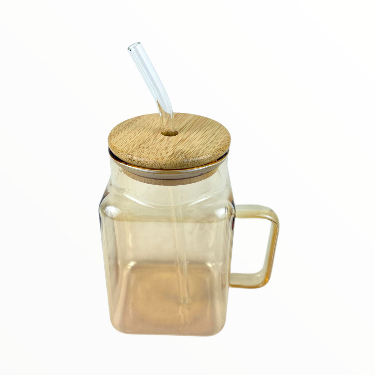 Amber Square Glass Mug with Bamboo Lid & Straw – Eco-Friendly Iced Coffee Glass