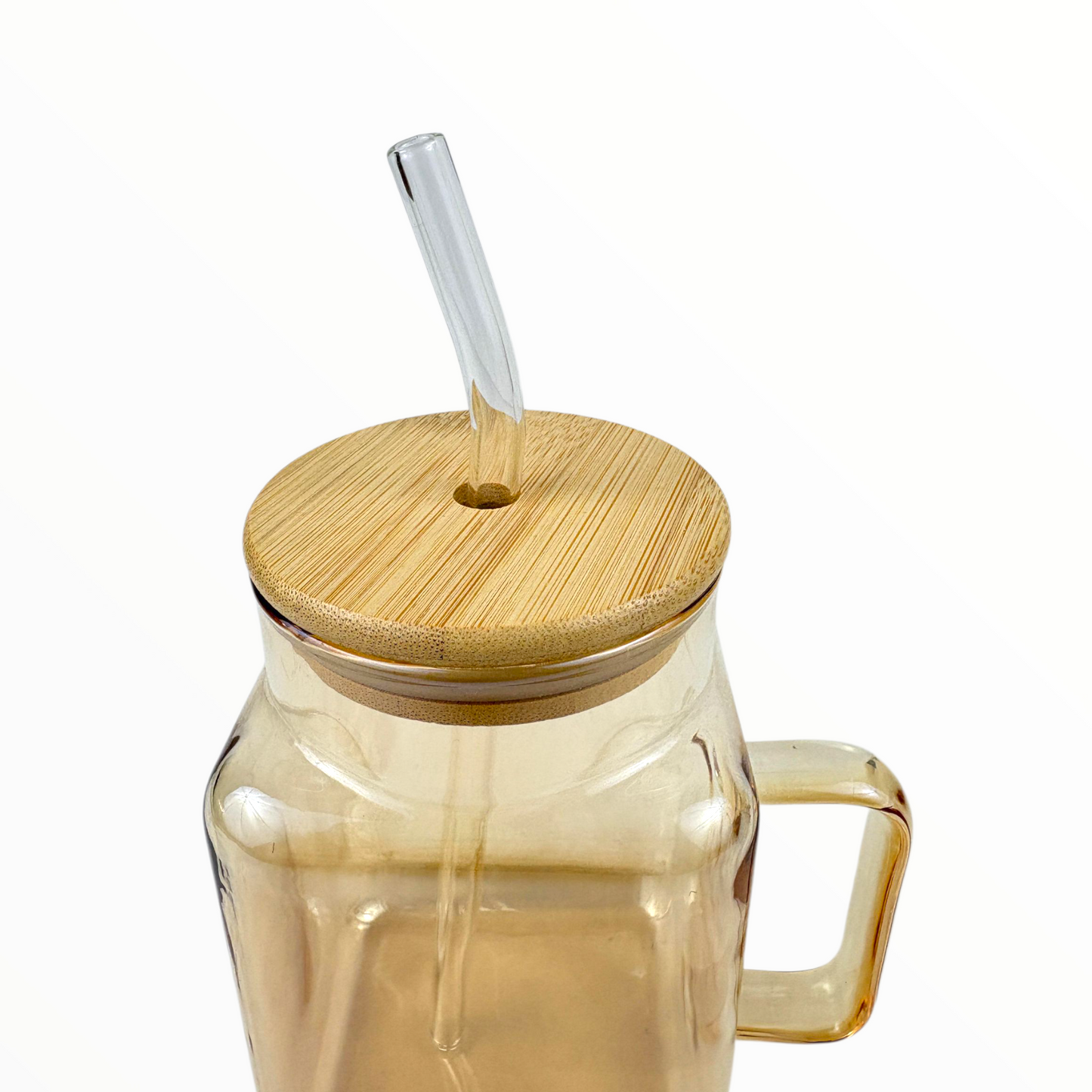 Amber Square Glass Mug with Bamboo Lid & Straw – Eco-Friendly Iced Coffee Glass