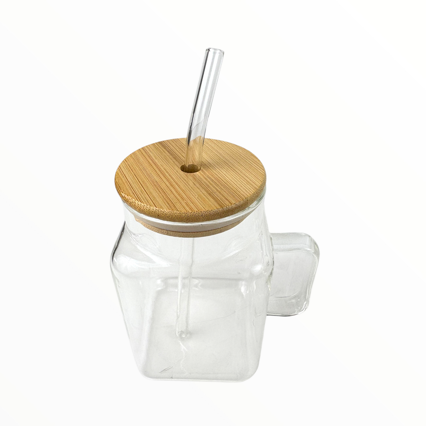 Clear Glass Mug with Bamboo Lid & Straw – Square Iced Coffee Cup with Handle