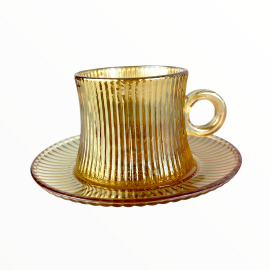 Amber Ribbed Glass Cup with Saucer – Elegant Transparent Tea & Coffee Set 12pcs