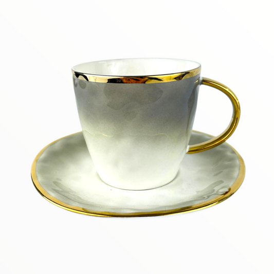 Elegant Grey Porcelain Cup with Saucer – Gold Rim & Handle Coffee Set 12pcs