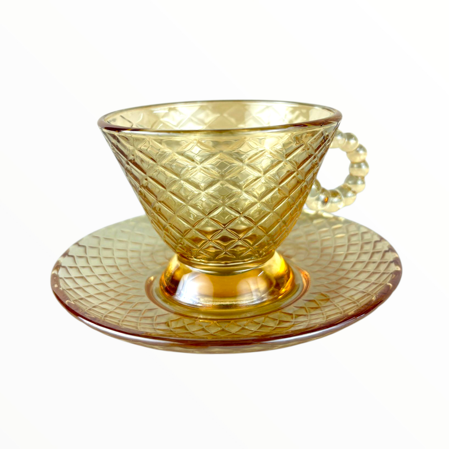 Diamond-Cut Amber Glass Cup with Saucer – Vintage Style Tea & Coffee Set 12 pcs