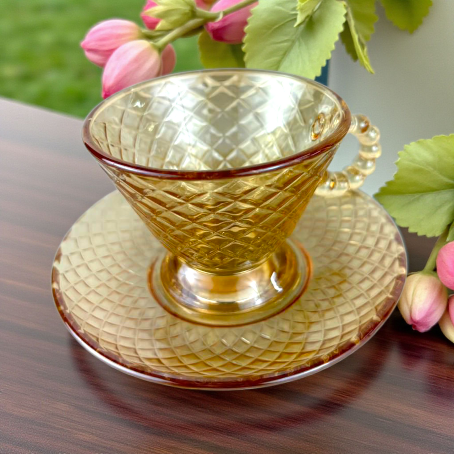 Diamond-Cut Amber Glass Cup with Saucer – Vintage Style Tea & Coffee Set 12 pcs