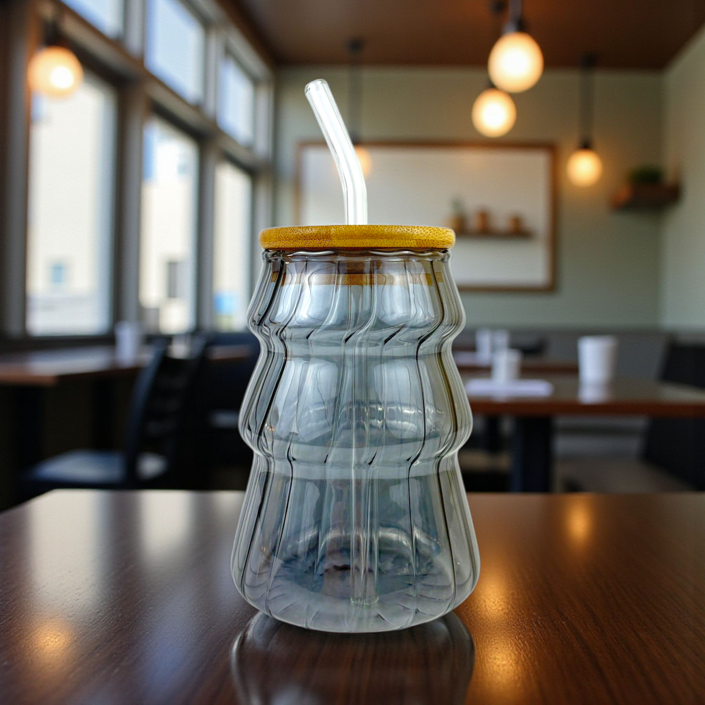 Gray Ripple Glass Cup with Bamboo Lid & Straw – Modern Wavy Iced Coffee Cup