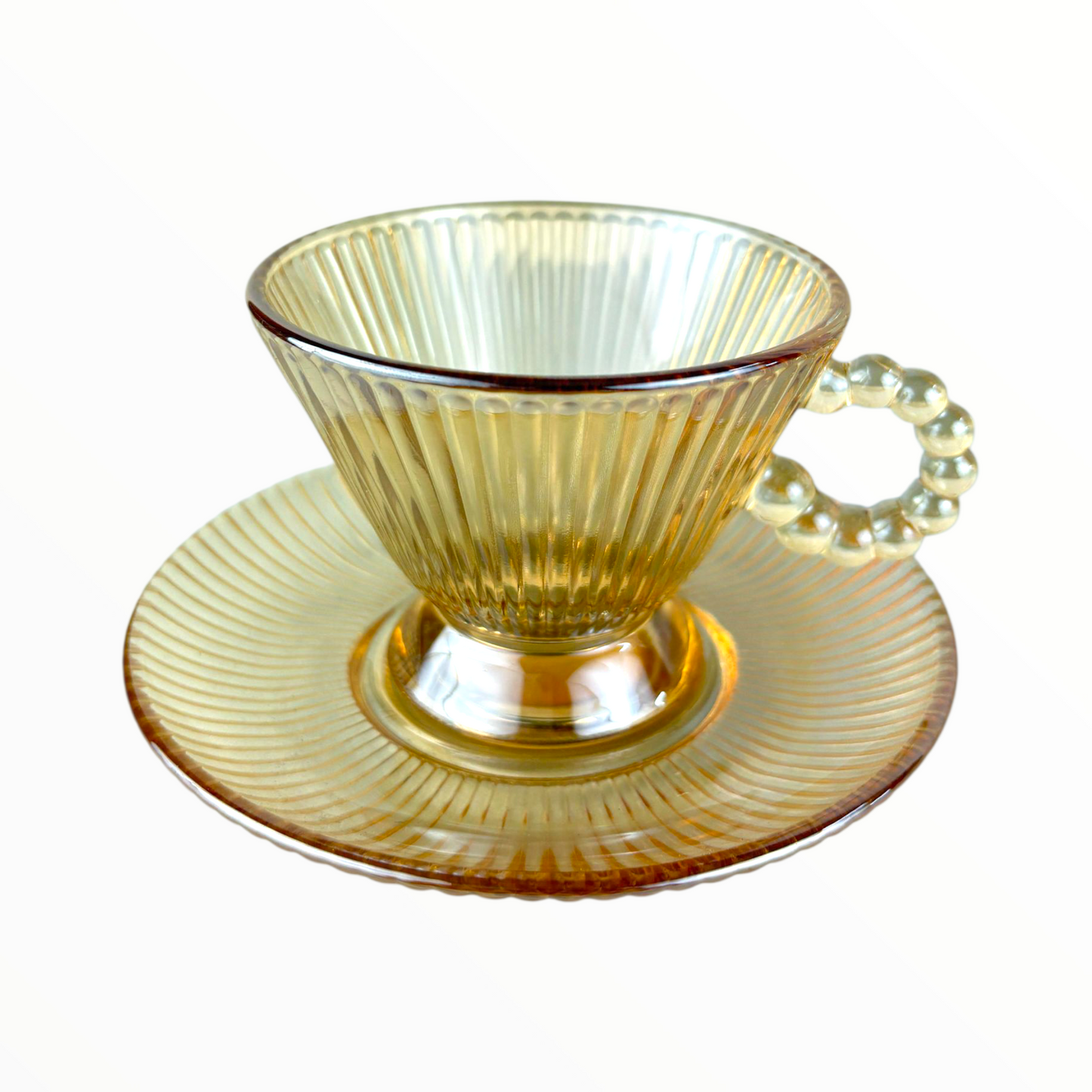 Ribbed Amber Glass Cup with Saucer – Elegant Vintage Coffee & Tea Set 12pcs