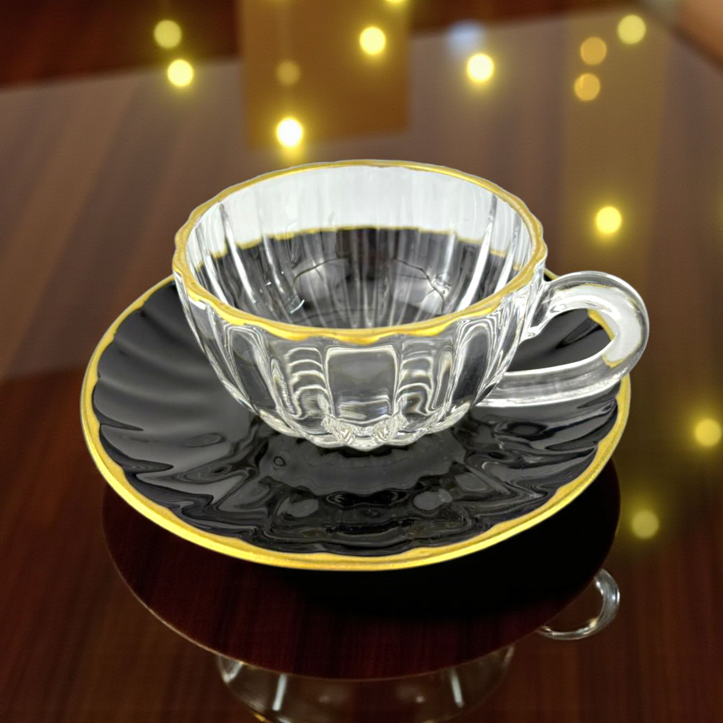 Clear Glass Coffee Cup with Black Saucer – Gold Rim Elegant Espresso Set 12pcs