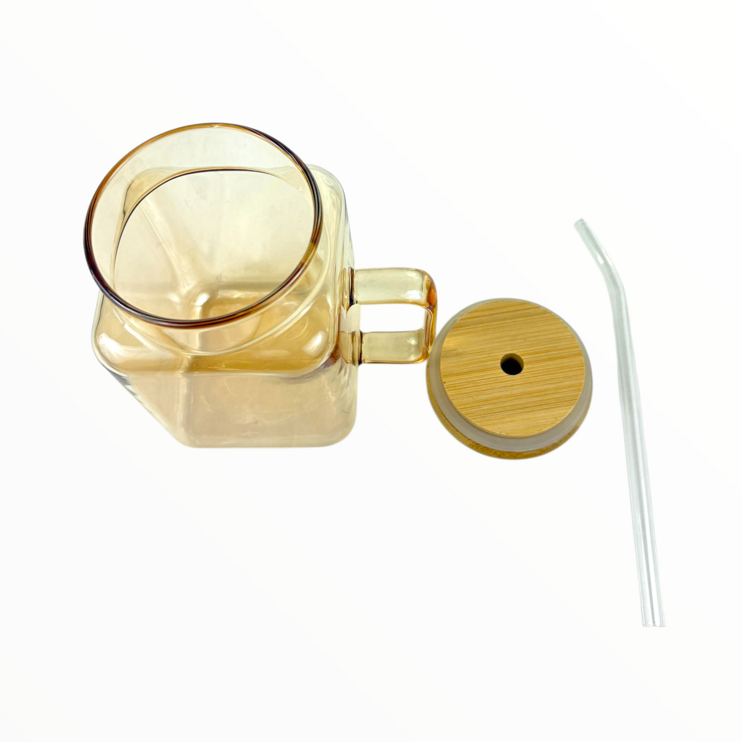 Amber Square Glass Mug with Bamboo Lid & Straw – Eco-Friendly Iced Coffee Glass
