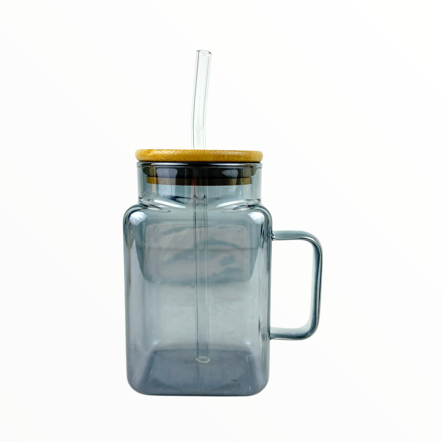 Gray Glass Mug with Bamboo Lid & Straw – Modern Reusable Iced Coffee Cup with Handle