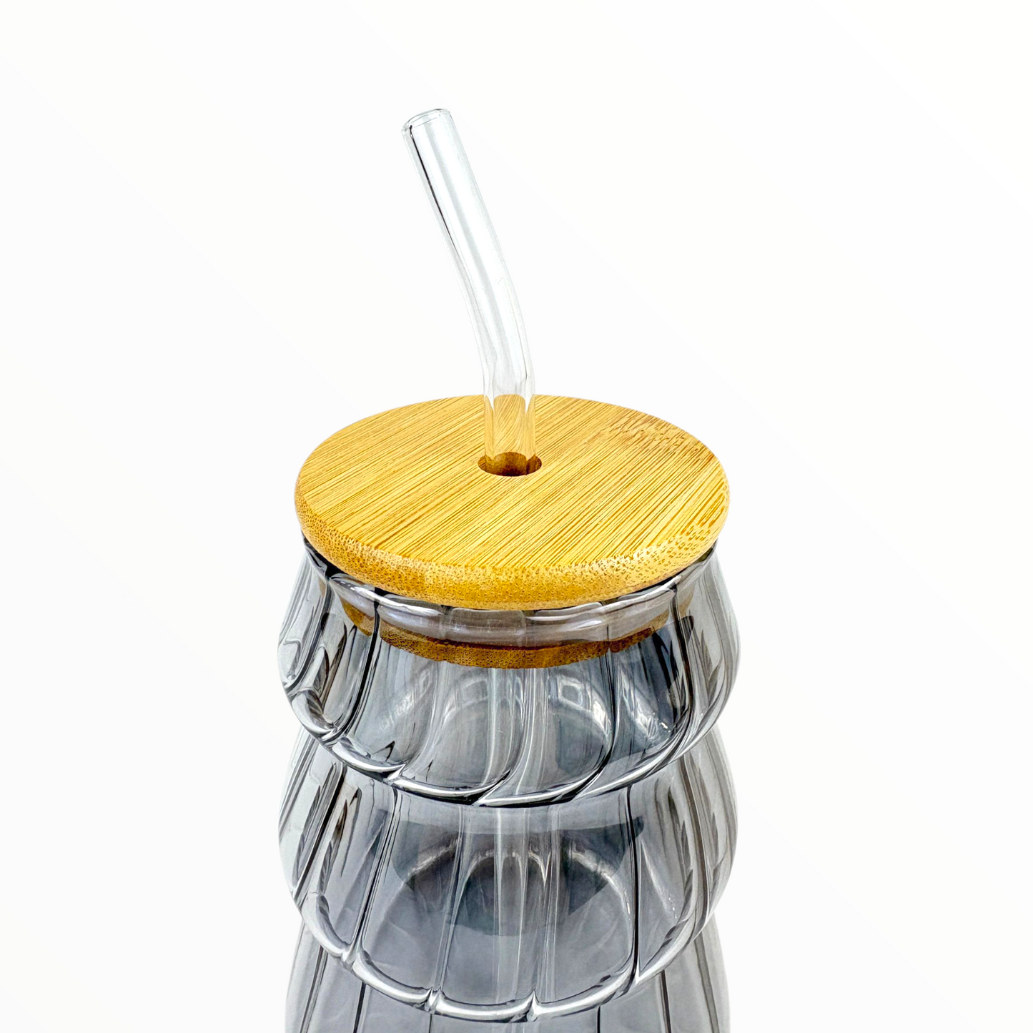 Gray Ripple Glass Cup with Bamboo Lid & Straw – Modern Wavy Iced Coffee Cup