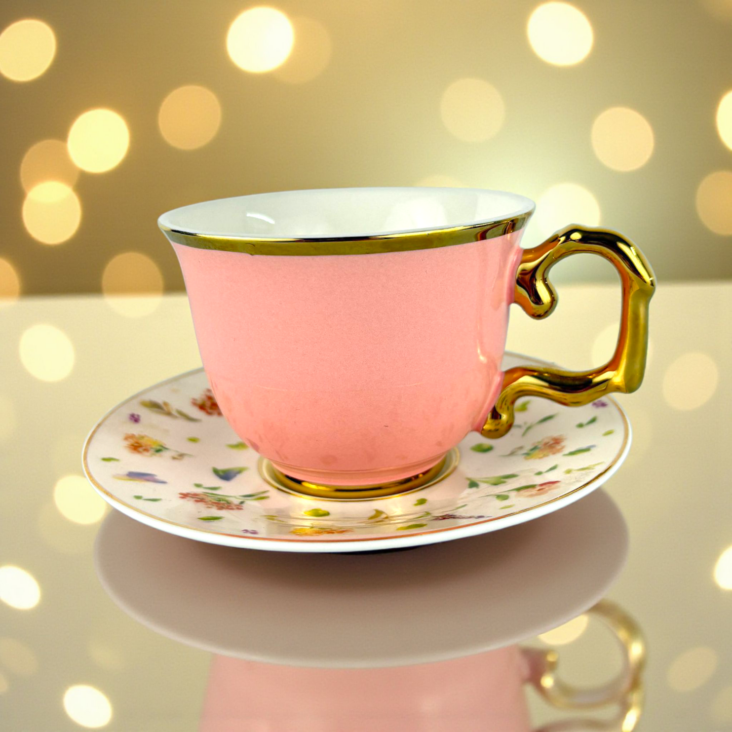 Elegant Pink Floral Teacup with Gold Handle – Porcelain Tea Cup & Saucer Set6 pcs