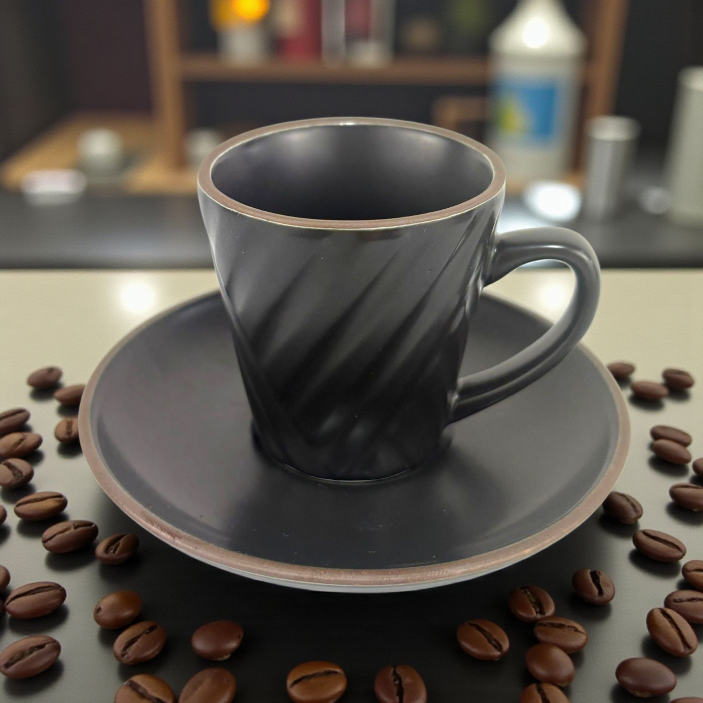 Glossy Black Ceramic Espresso Cup & Saucer – Elegant Modern Coffee Set 12pcs