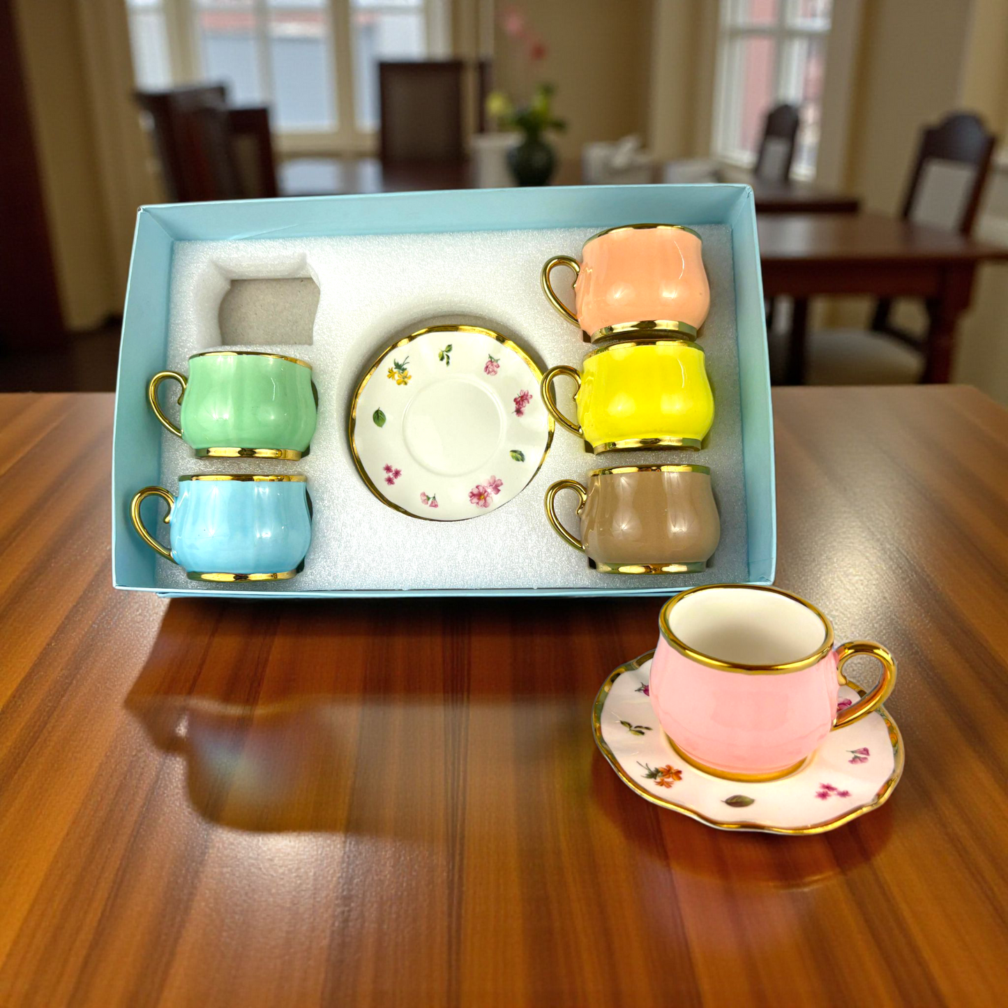 6-Piece Floral Espresso Cup Set with Gold Rim – Pastel Ceramic Coffee Set 12pcs