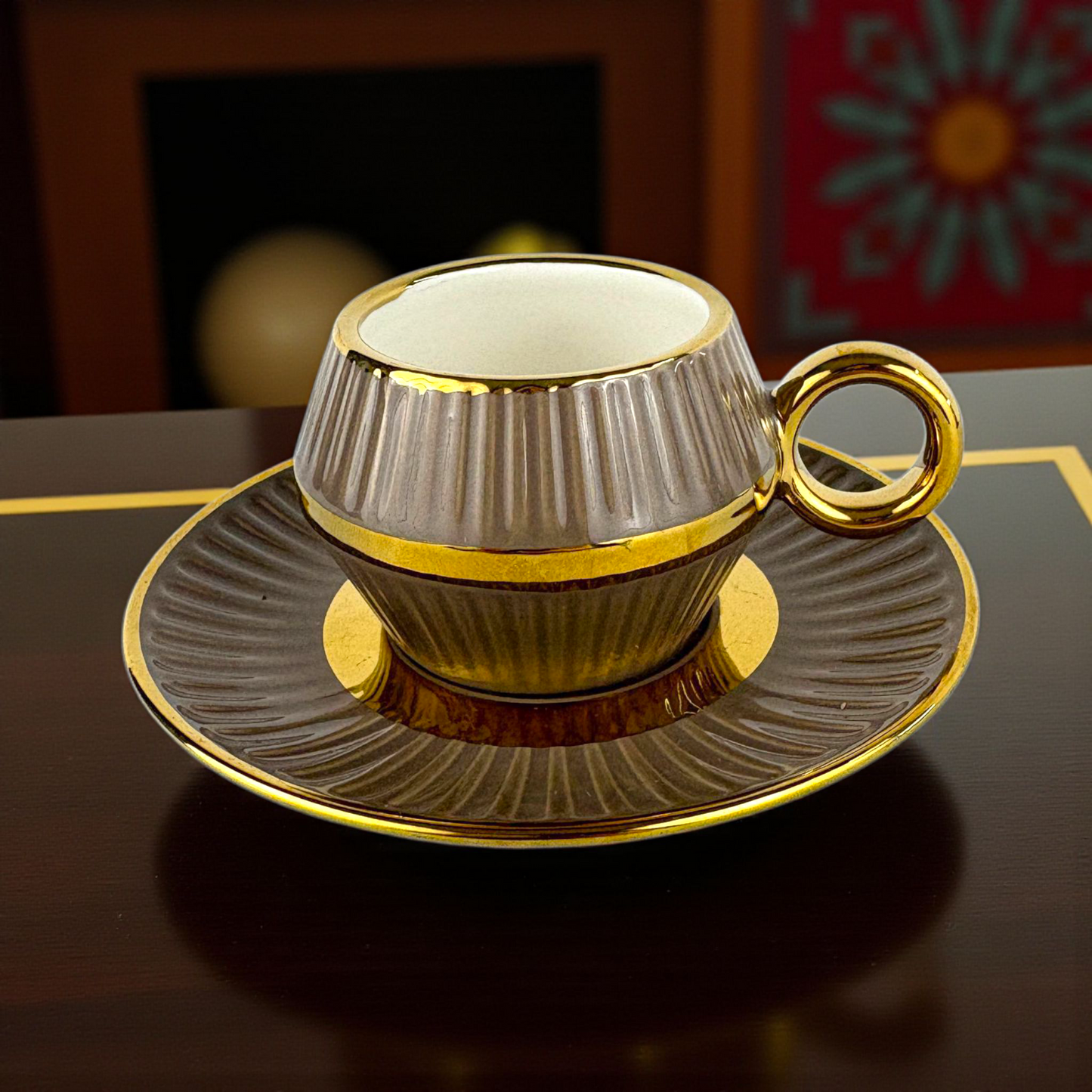 Luxury Brown & Gold Espresso Cup & Saucer – Elegant Ceramic Coffee Set 12pcs