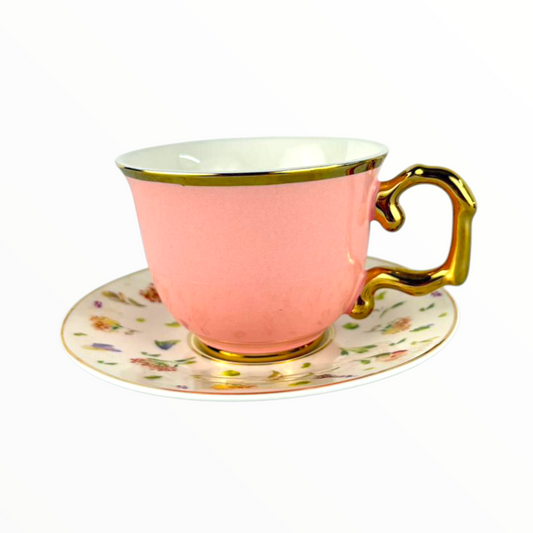 Elegant Pink Floral Teacup with Gold Handle – Porcelain Tea Cup & Saucer Set6 pcs