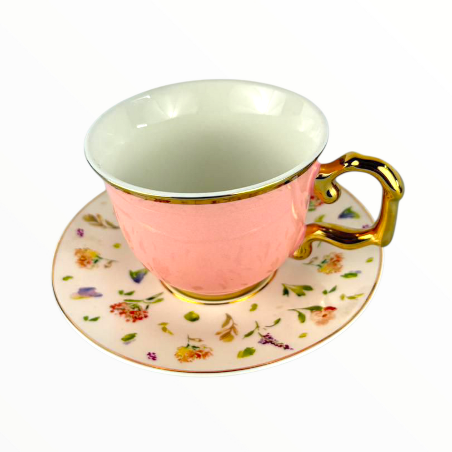 Elegant Pink Floral Teacup with Gold Handle – Porcelain Tea Cup & Saucer Set6 pcs