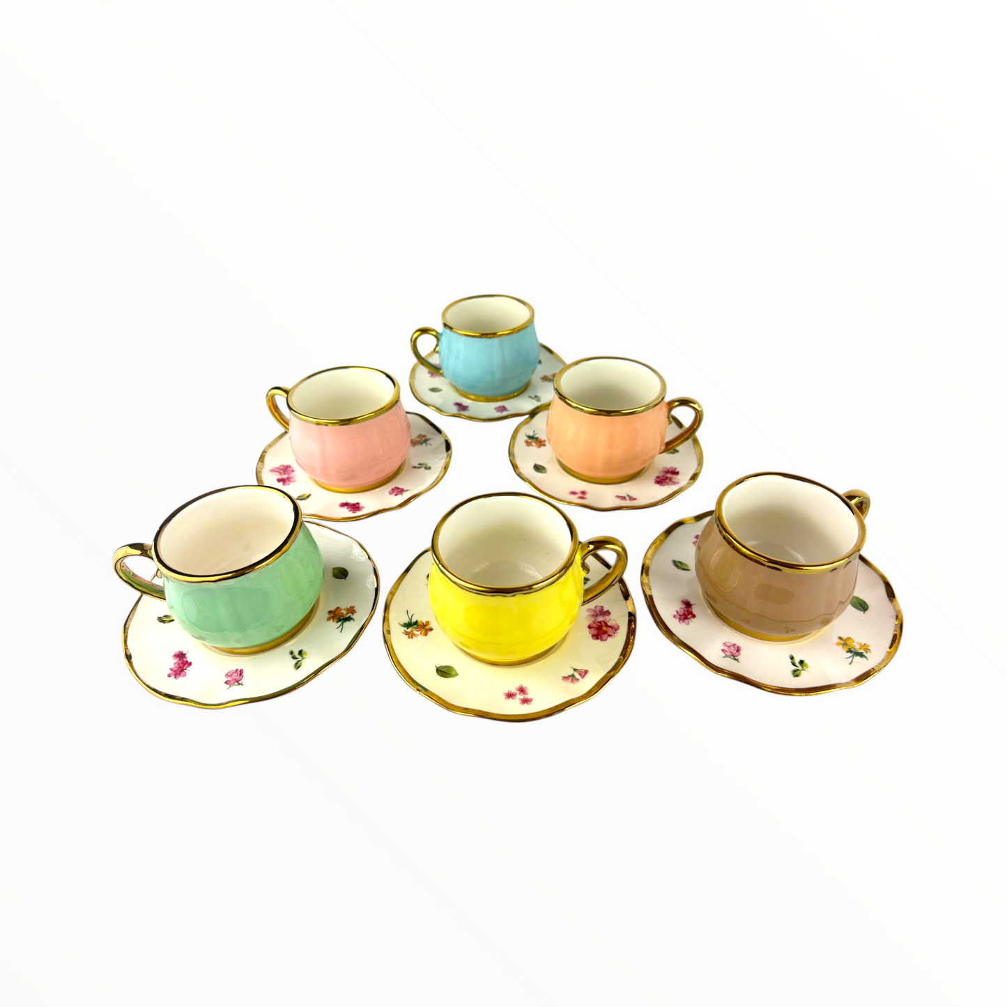 6-Piece Floral Espresso Cup Set with Gold Rim – Pastel Ceramic Coffee Set 12pcs