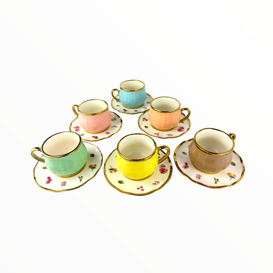 6-Piece Floral Espresso Cup Set with Gold Rim – Pastel Ceramic Coffee Set 12pcs
