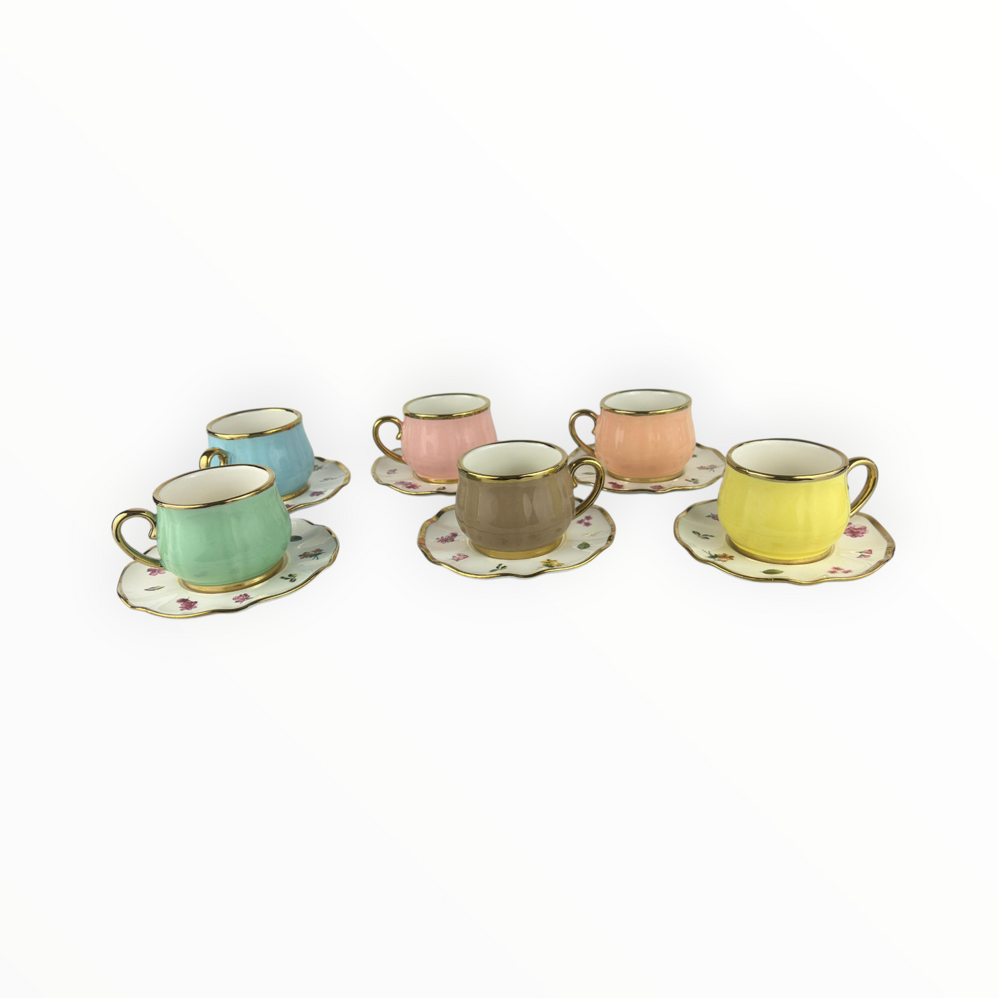 6-Piece Floral Espresso Cup Set with Gold Rim – Pastel Ceramic Coffee Set 12pcs