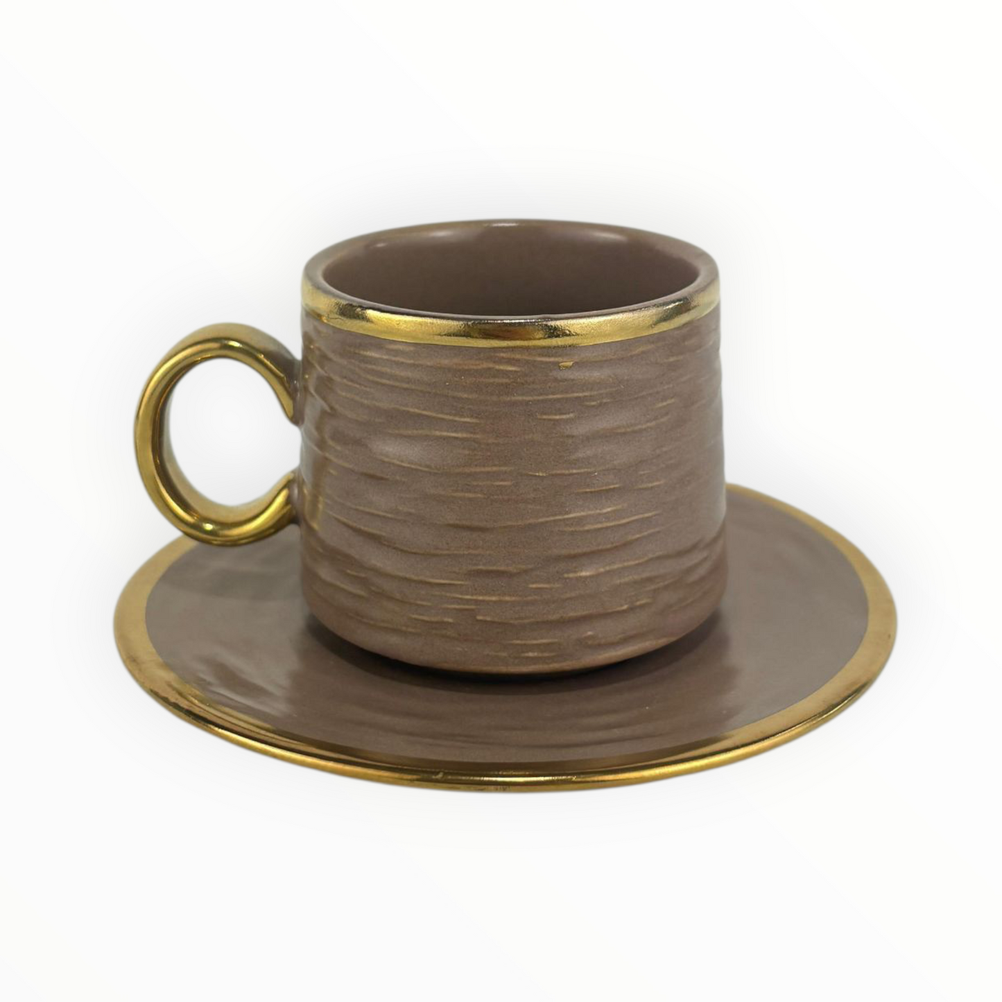 Matte Brown Ceramic Coffee Cup with Gold Handle & Saucer – Modern Luxury Espresso Set 12pcs
