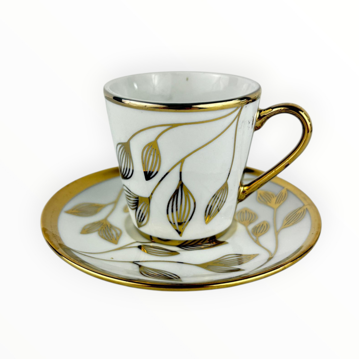 White Porcelain Cup with Gold Leaf Pattern – Luxury Coffee Cup & Saucer Set 12pcs