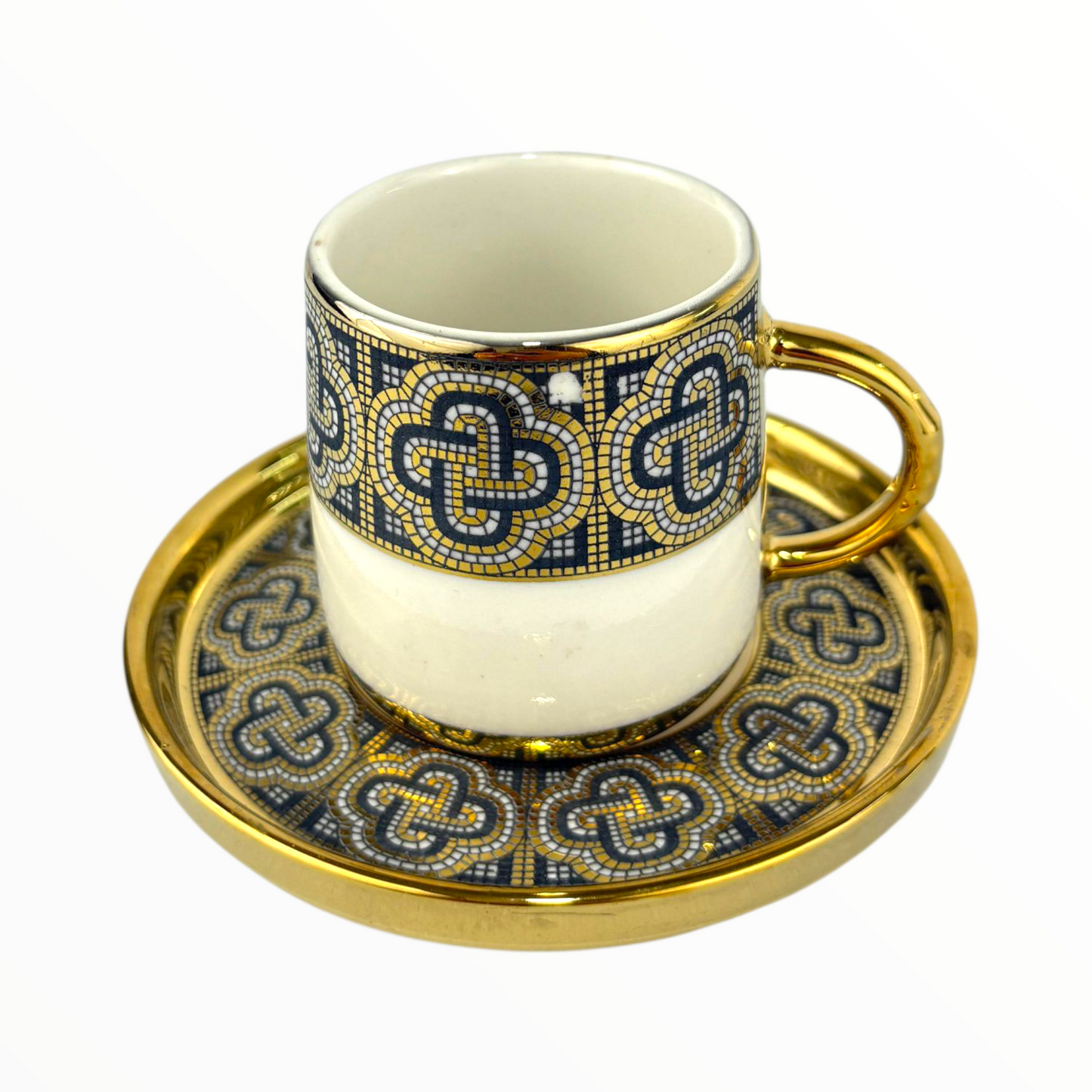 Luxury Mosaic Design Turkish Coffee Cup & Saucer – Gold Handle Ceramic Set 12pcs