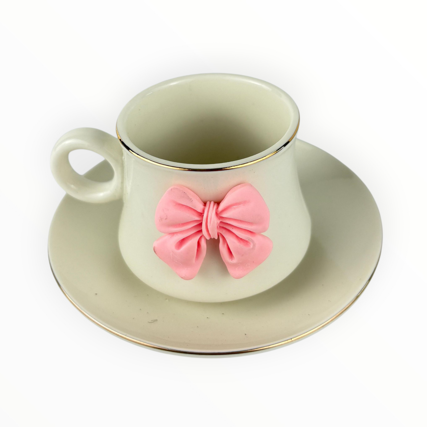 Cute Cream Ceramic Coffee Cup with Pink Bow – Decorative Espresso Cup & Saucer Set12pcs