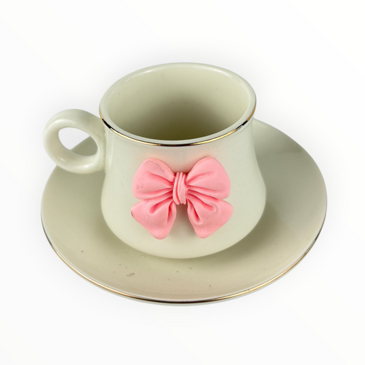 Cute Cream Ceramic Coffee Cup with Pink Bow – Decorative Espresso Cup & Saucer Set12pcs