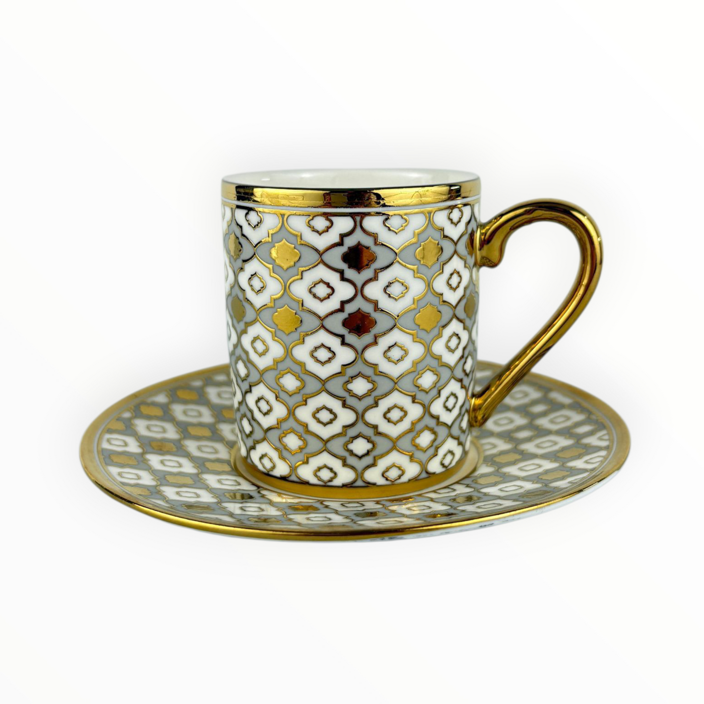 Luxury Moroccan-Style Gold Porcelain Coffee Cup & Saucer – Elegant Geometric Espresso Set 12pcs