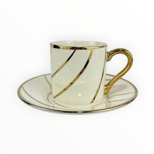 White Porcelain Espresso Cup with Gold Handle & Lines – Elegant Coffee Set 12pcs