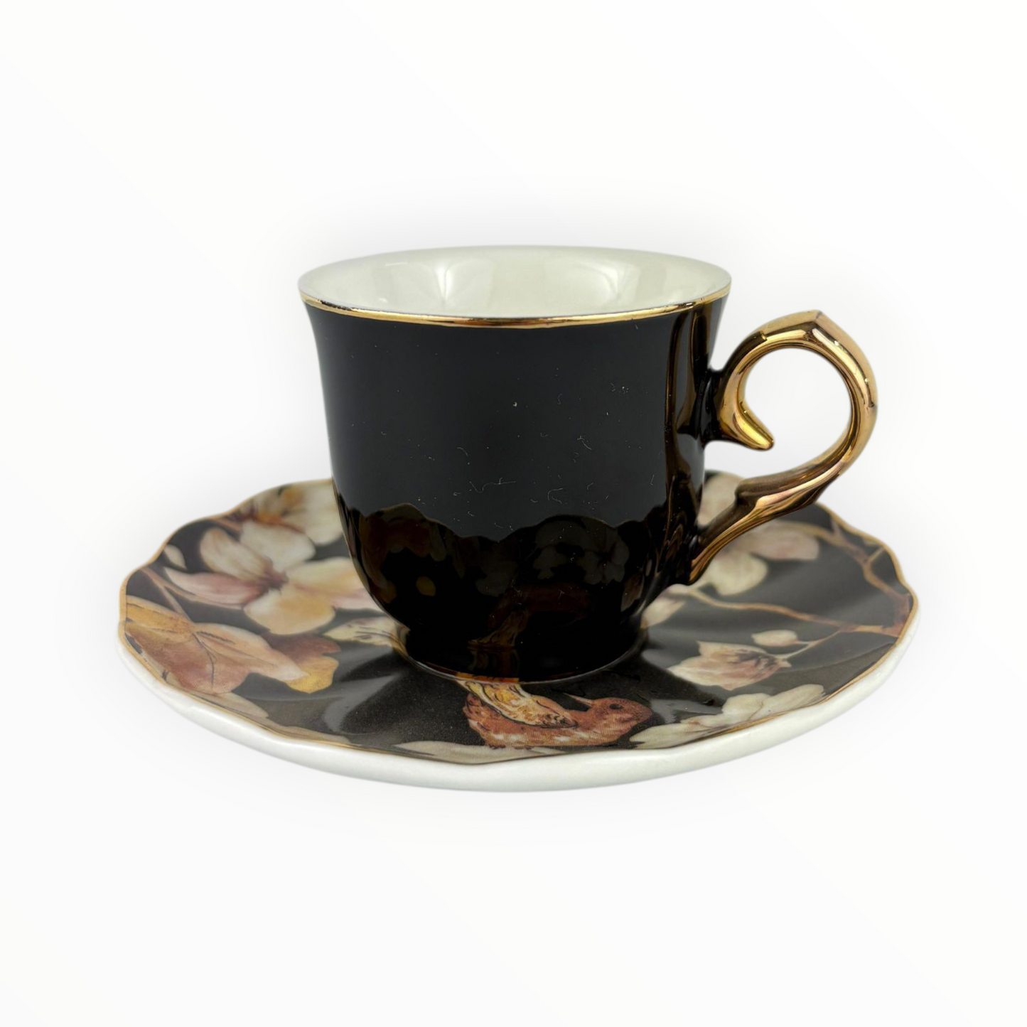 Black Floral Porcelain Cup with Saucer – Elegant Gold Handle Coffee Set 6 pcs