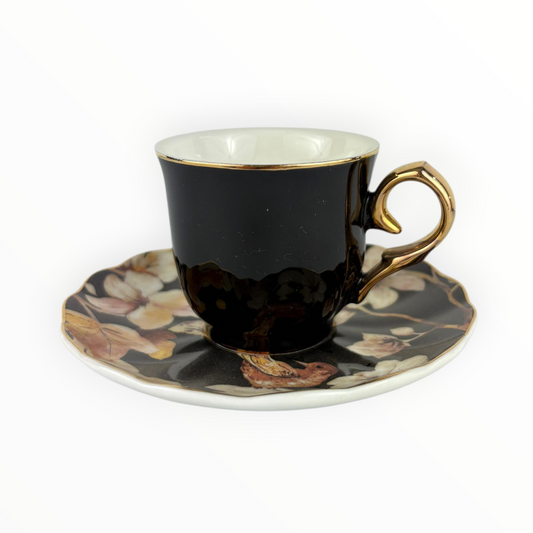 Black Floral Porcelain Cup with Saucer – Elegant Gold Handle Coffee Set 6 pcs