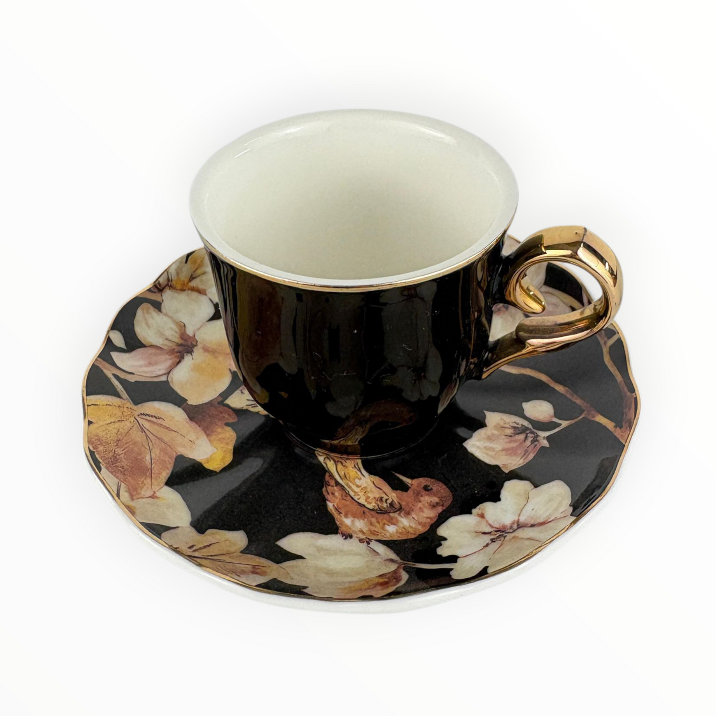 Black Floral Porcelain Cup with Saucer – Elegant Gold Handle Coffee Set 6 pcs