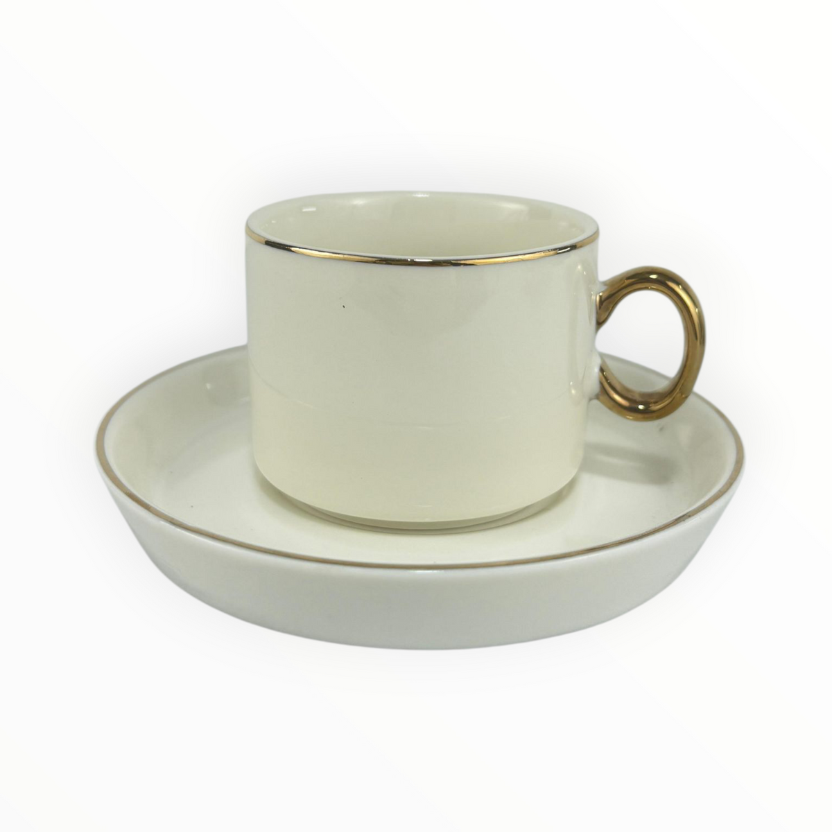 White Ceramic Coffee Cup & Saucer with Gold Handle – Elegant Minimal Tea Set