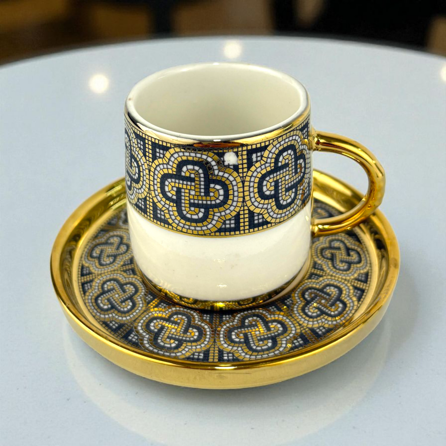 Luxury Mosaic Design Turkish Coffee Cup & Saucer – Gold Handle Ceramic Set 12pcs