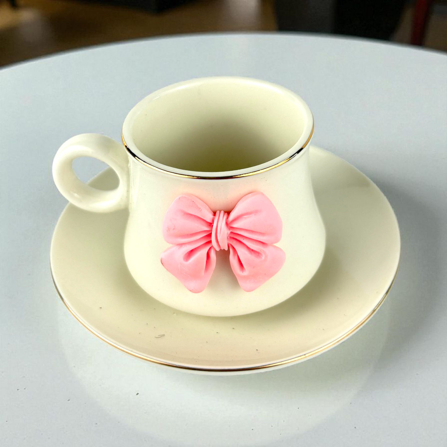 Cute Cream Ceramic Coffee Cup with Pink Bow – Decorative Espresso Cup & Saucer Set12pcs
