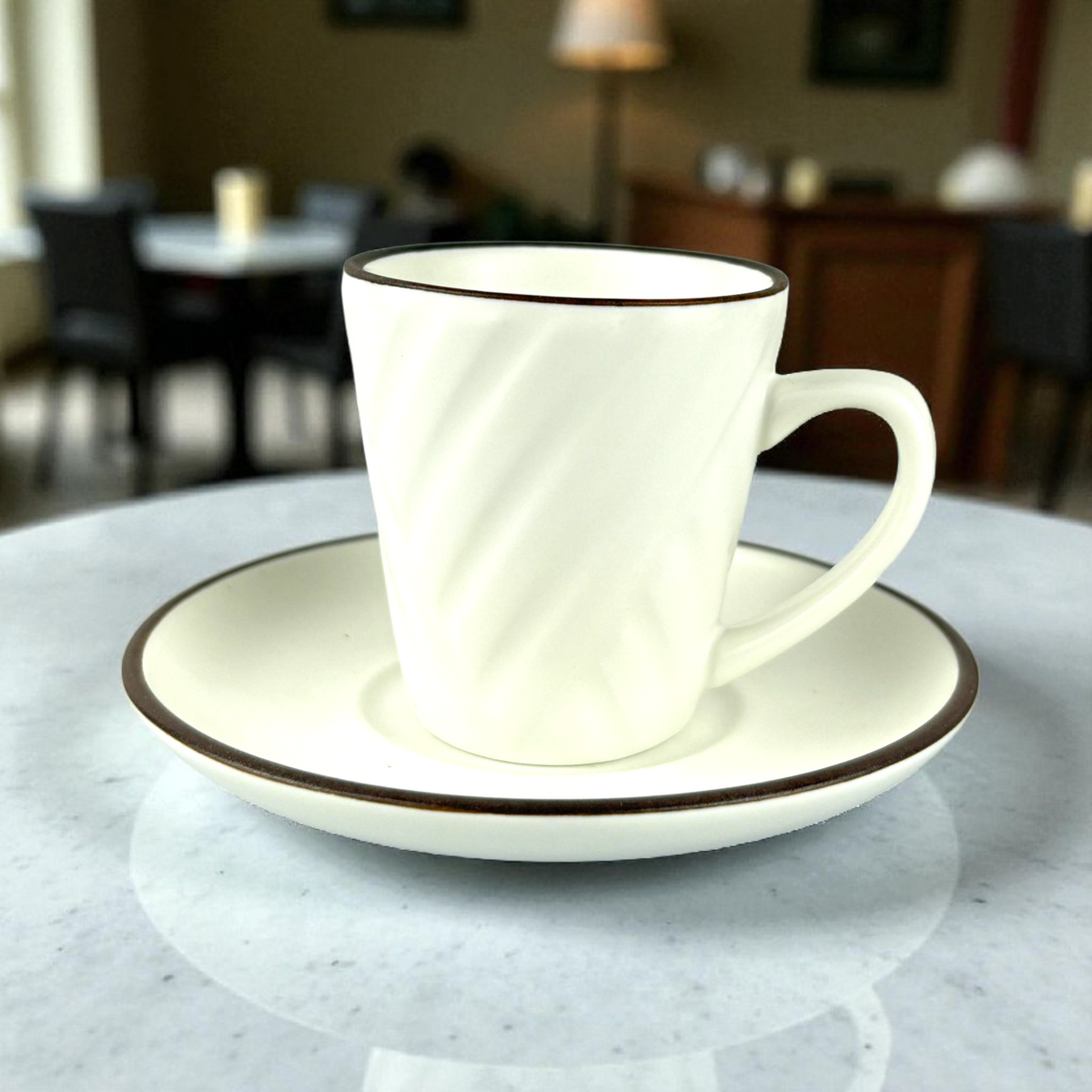 White Porcelain Coffee Cup with Brown Rim – Minimalist Espresso Set 12pcs
