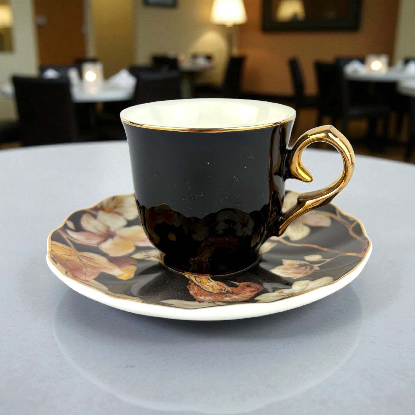 Black Floral Porcelain Cup with Saucer – Elegant Gold Handle Coffee Set 6 pcs