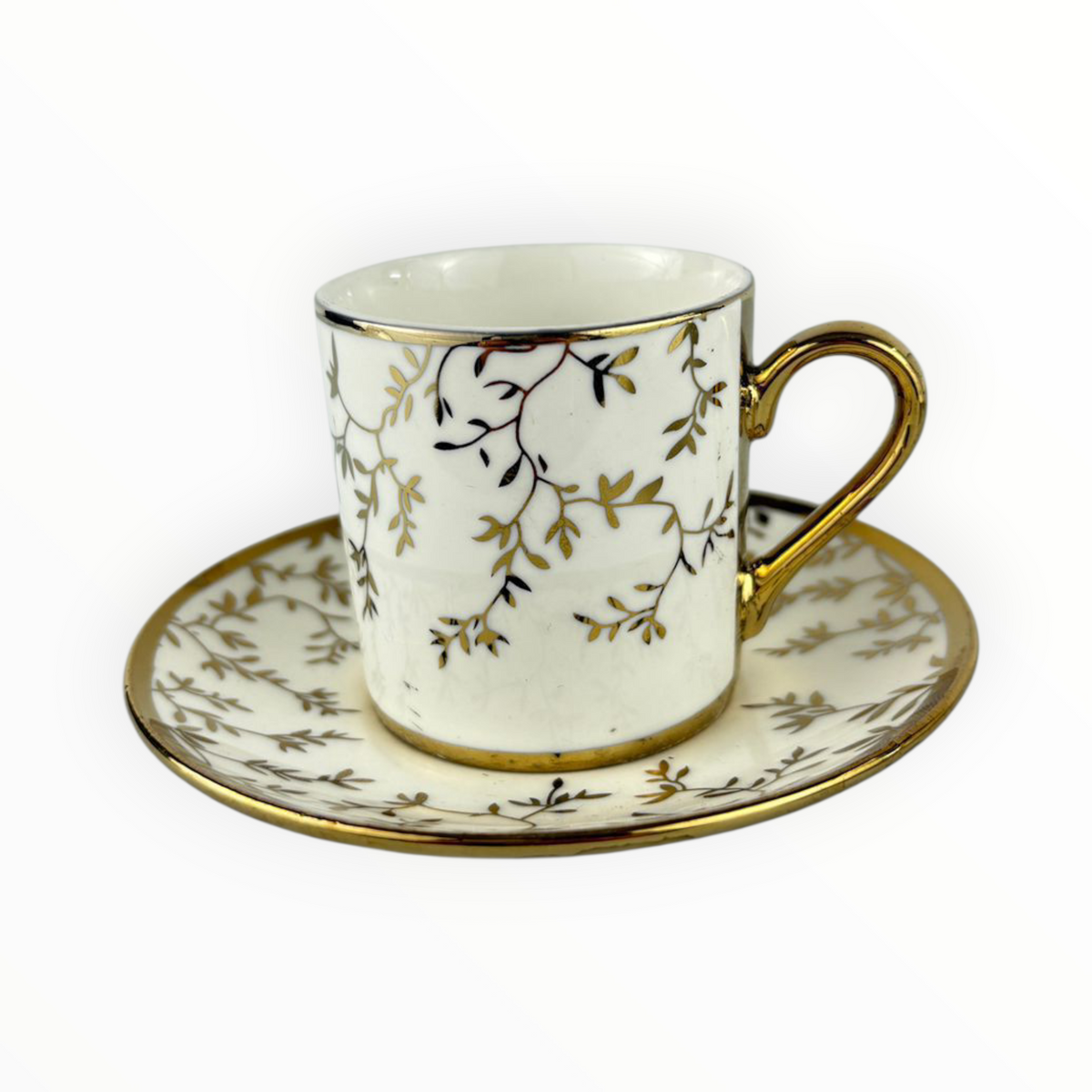 White Porcelain Cup with Gold Vine Design – Elegant Vintage Coffee Cup & Saucer Set 12pcs
