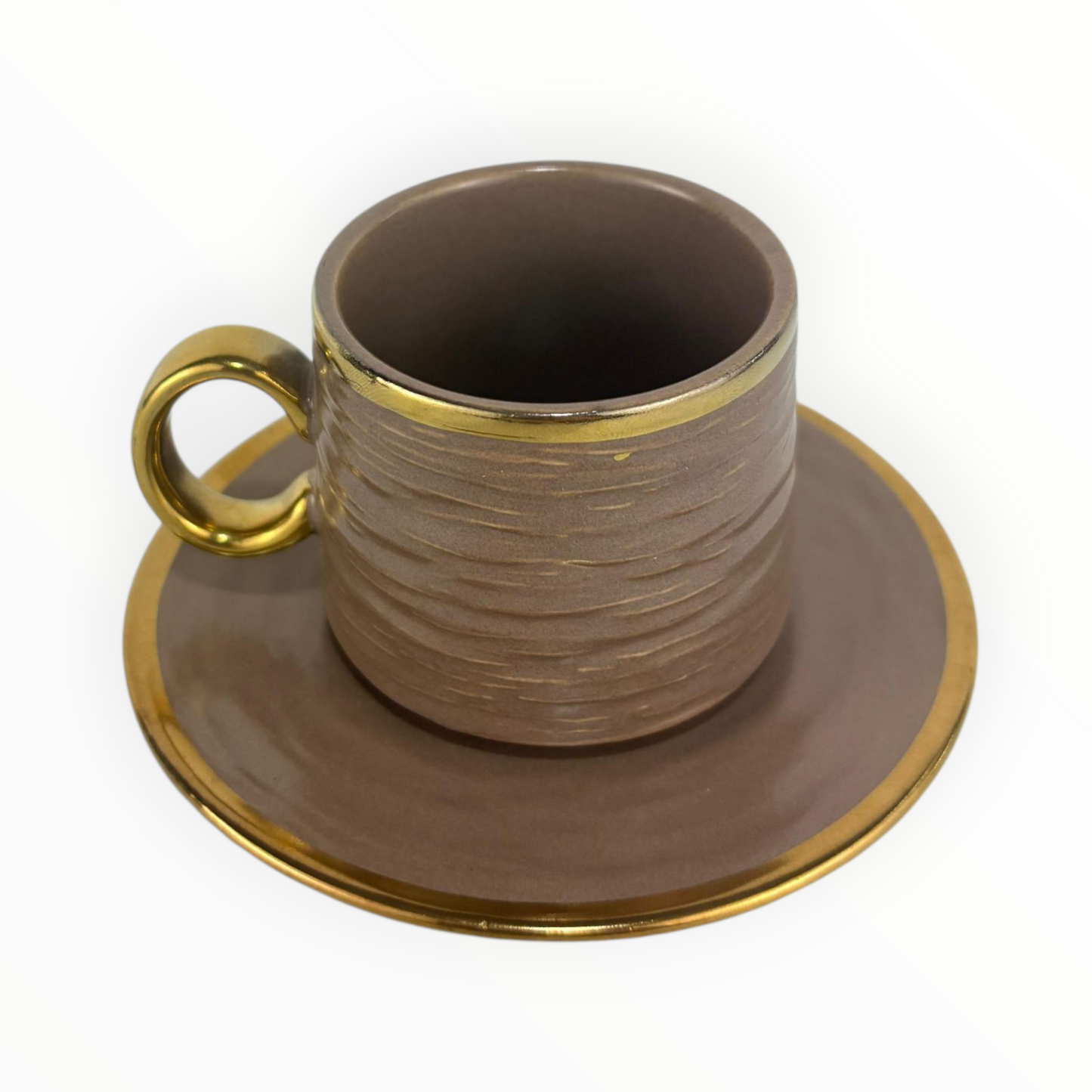 Matte Brown Ceramic Coffee Cup with Gold Handle & Saucer – Modern Luxury Espresso Set 12pcs