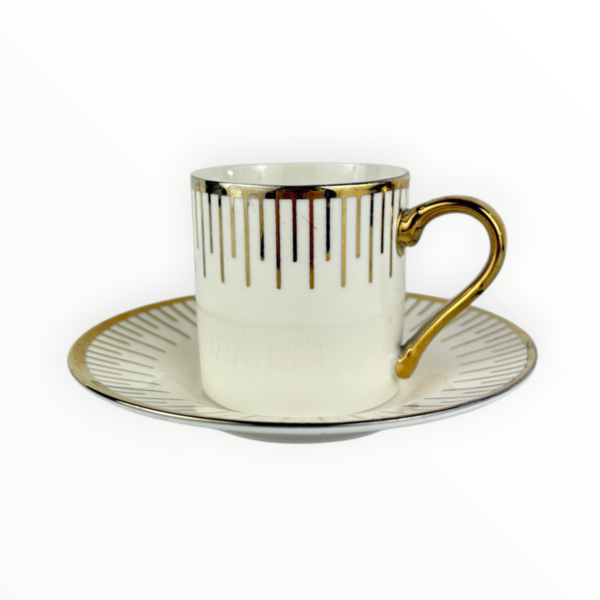 White Porcelain Cup with Gold Vertical Lines – Elegant Coffee Cup & Saucer Set 12pcs