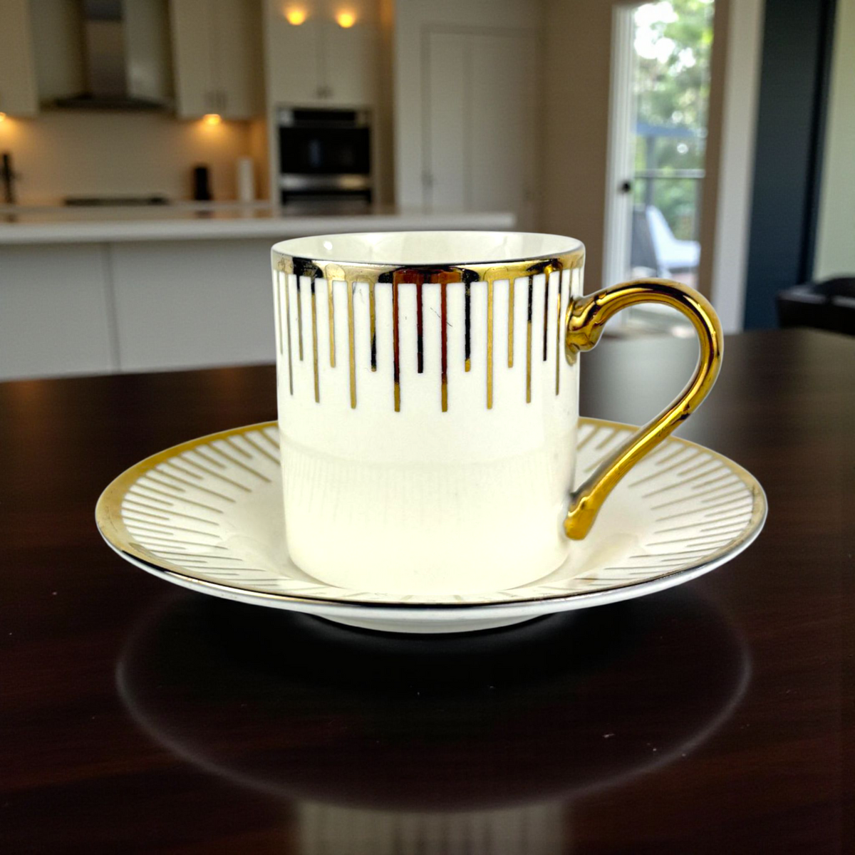 White Porcelain Cup with Gold Vertical Lines – Elegant Coffee Cup & Saucer Set 12pcs