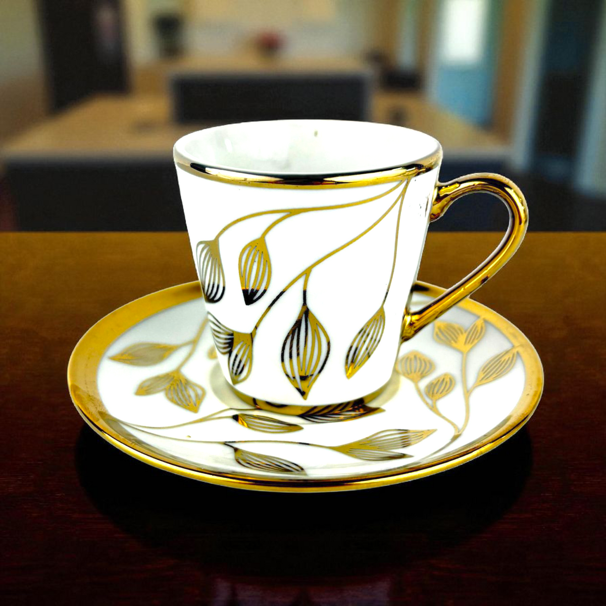 White Porcelain Cup with Gold Leaf Pattern – Luxury Coffee Cup & Saucer Set 12pcs
