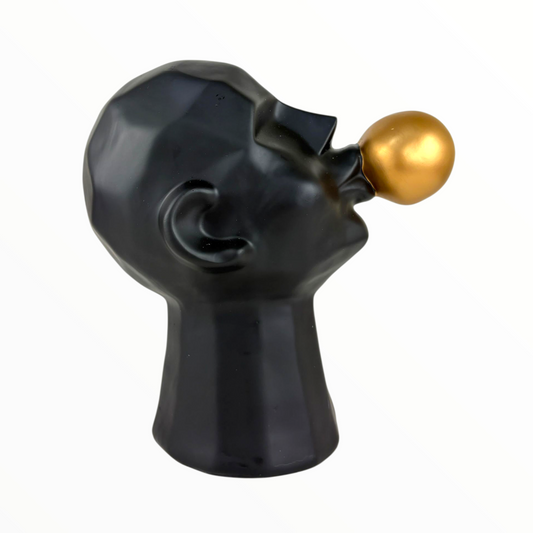 Modern Bubble Gum Head Sculpture – Black & Gold Decorative Statue