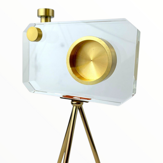 Crystal Camera Sculpture on Gold Tripod – Modern Decorative Accent