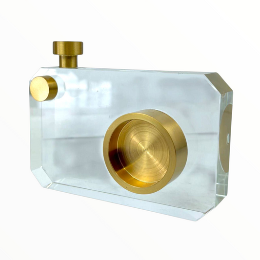 Crystal Camera Sculpture on Gold Tripod – Modern Decorative Accent