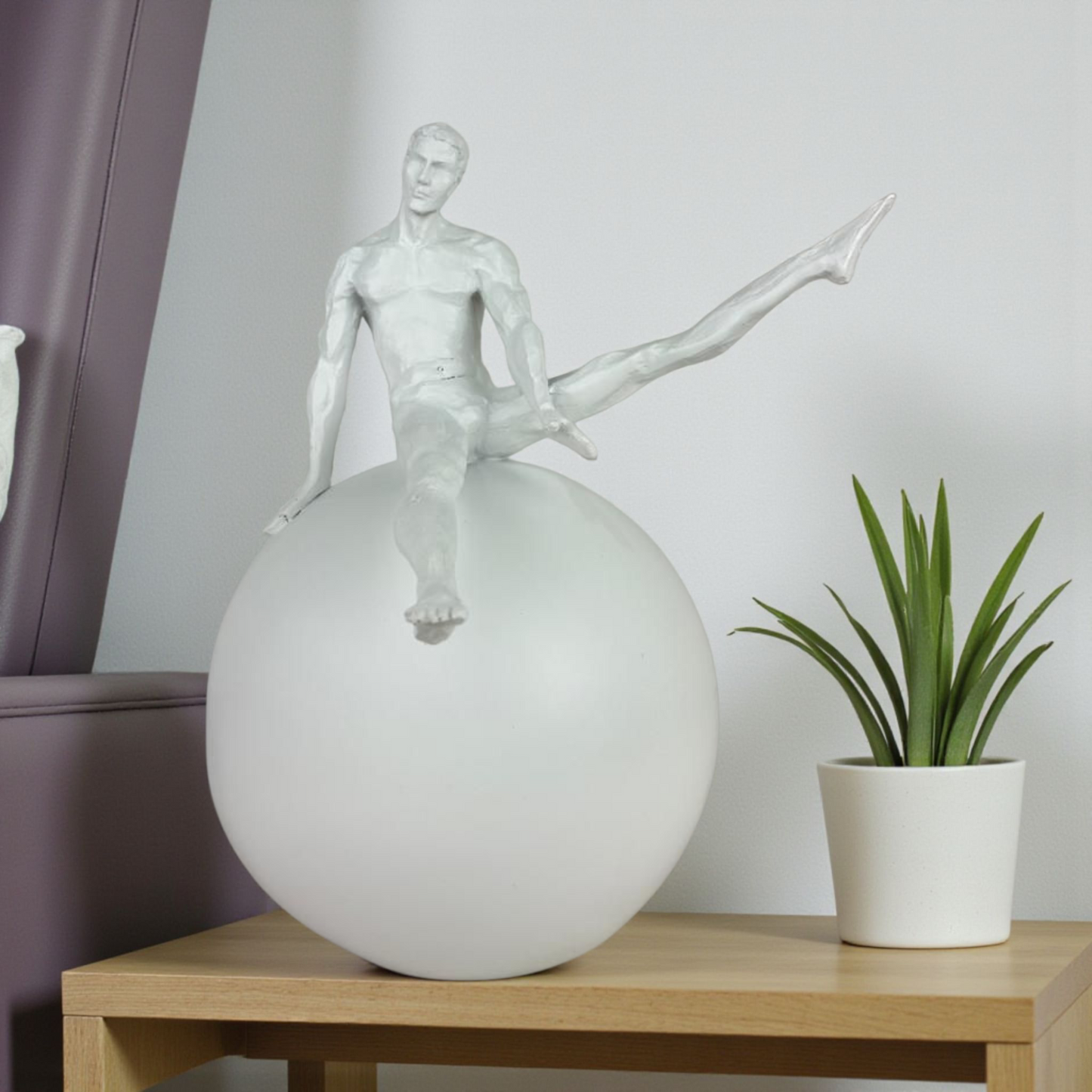 Minimalist Man on Sphere Sculpture – Modern White Art Decor