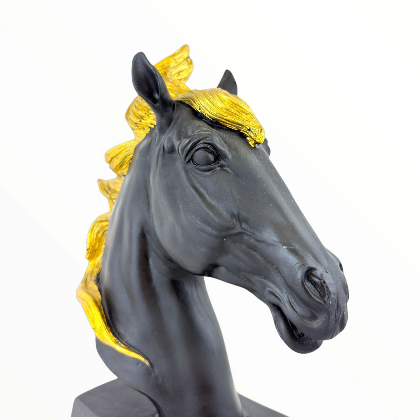 Black Horse Head Sculpture with Gold Mane – Elegant Home Decor