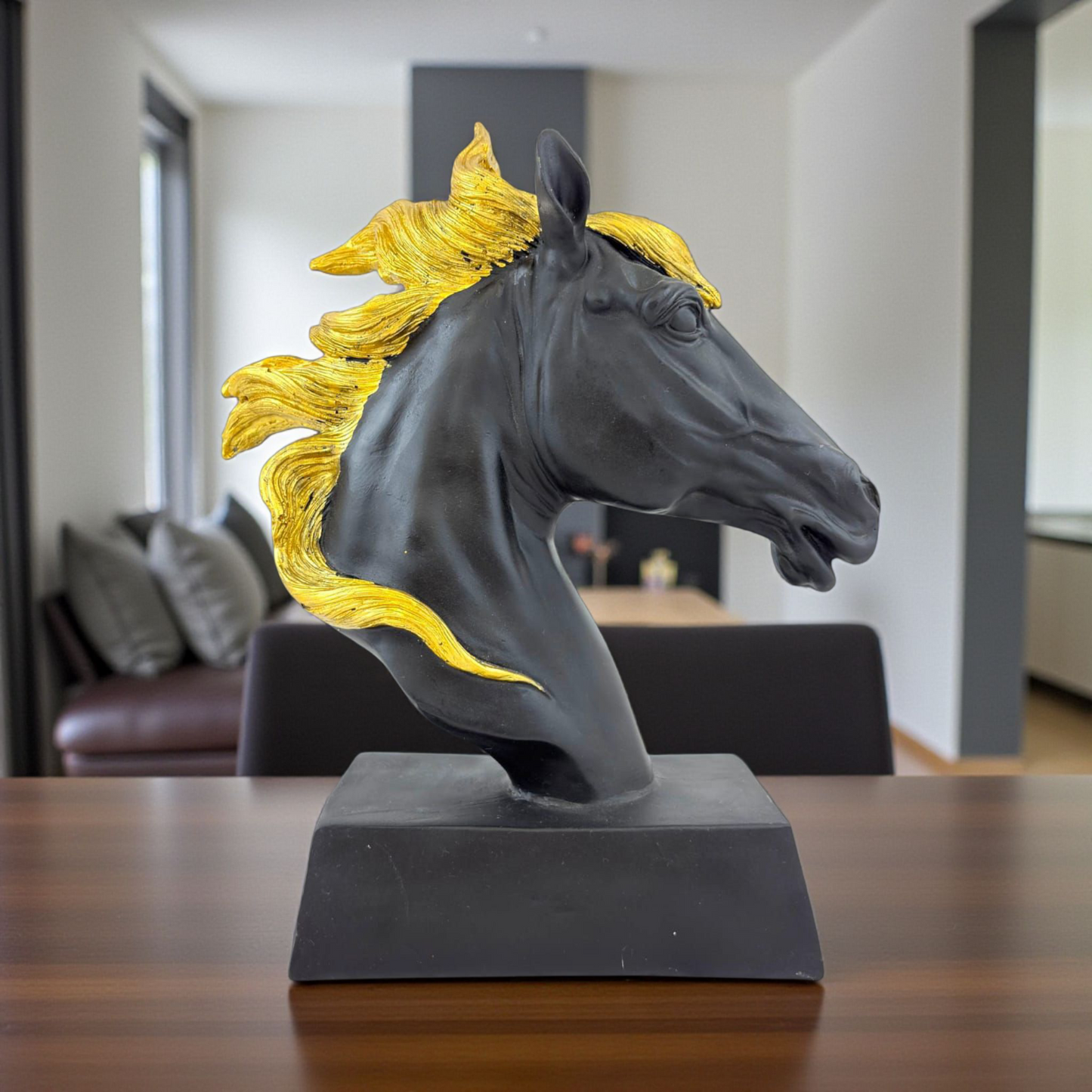 Black Horse Head Sculpture with Gold Mane – Elegant Home Decor
